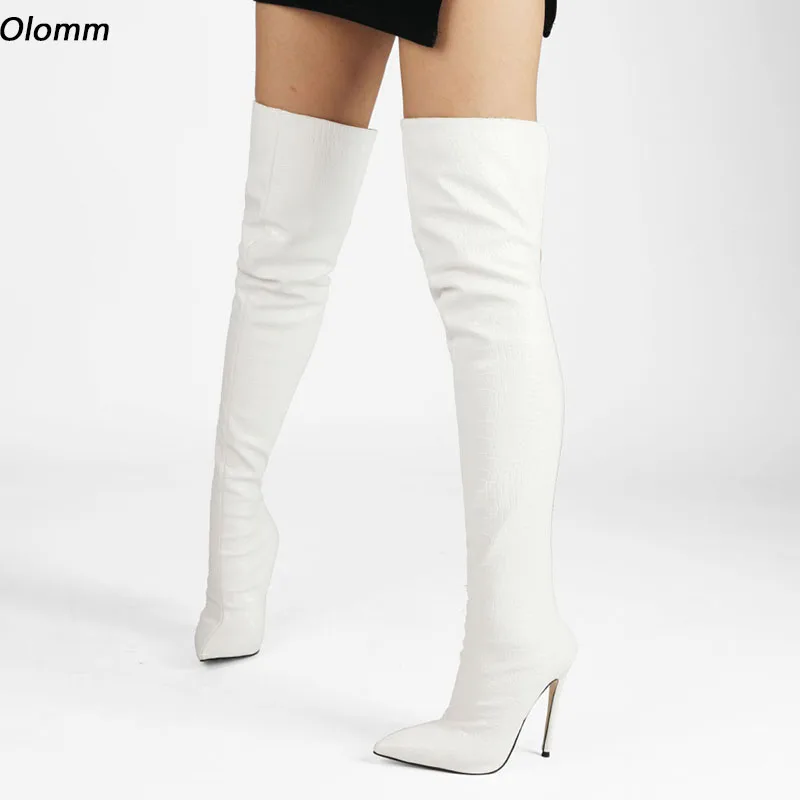 

Женские зимние сапоги-ботфорты Olomm ручной работы, с каменным узором, на шпильке, с острым носком, белые, синие, серебристые Клубные сапоги, размеры 5-15