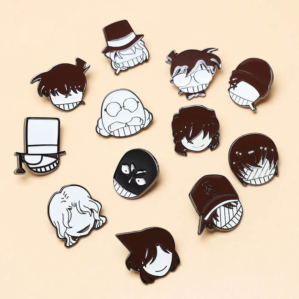 Detective Conan Enamel Pin Anime Brooches Kudou Shinichi Mouri Ran Jason Kidd Badge Backpack Jewelry Gift for Men Fans
