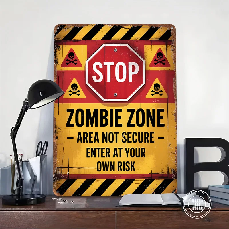 Zombie Zone Warning Sign Metal Poster Customized Wall Art Retro Vintage Tinplate Signs for Man Cave Desk Decor Bar Accessories