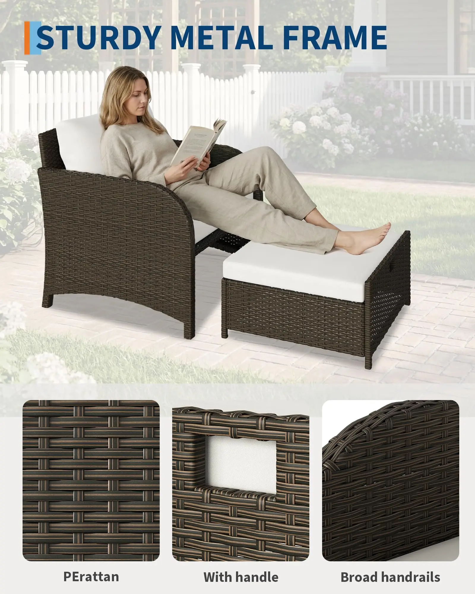 Set da giardino in rattan resistente agli agenti atmosferici, composto da 5 pezzi: divano imbottito con tavolino laterale in vetro temperato e pouf, ideale per terrazze, balconi e bordi piscina.