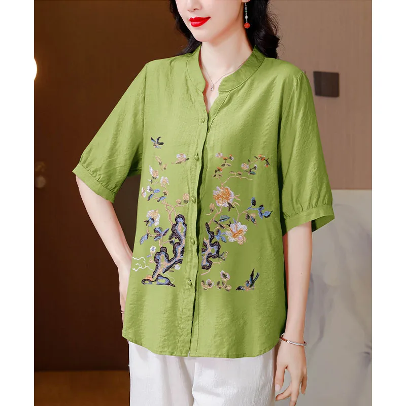 2024 New Women\'s Summer Cotton and Linen Embroidery Splicing Stand Collar Fashion Loose and Versatile Short Sleeve Shirt Tops