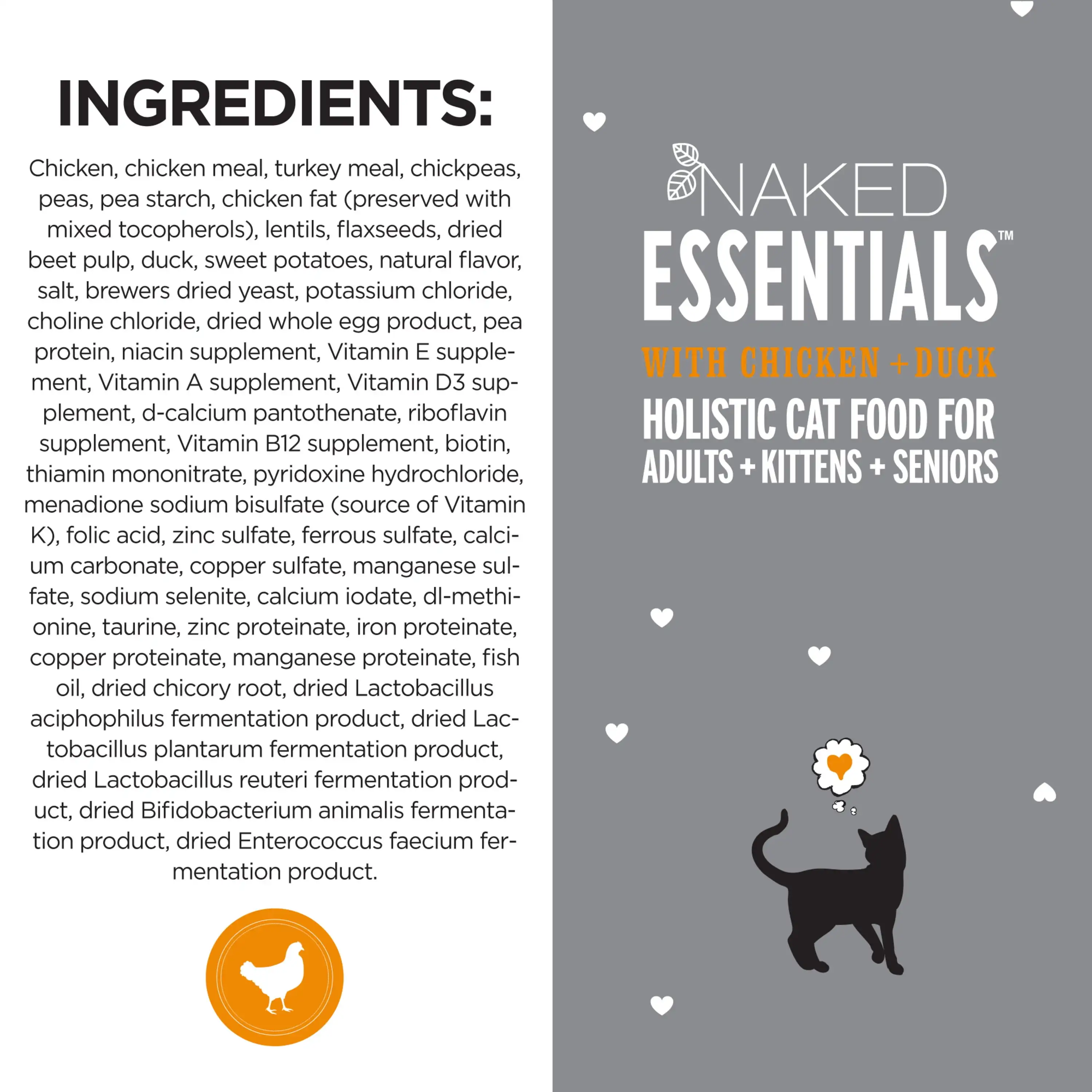 Naked Essentials Comida seca para gatos com sabor de frango e pato sem grãos, 3,4 lb. Bolsa
