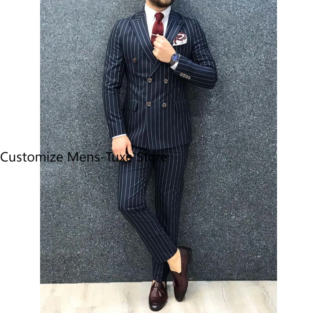 Navy Blue Stripe Double Brested Peak Lapel Men's Suits Slim Fit Business High Street Male Clothing 2 Piece Jacket Pants Full Set