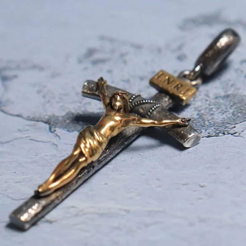 7g Jesus Christ Crucifixion Wooden Catholic Long Cross Gold Pendant Customized 925 Solid Sterling Silver