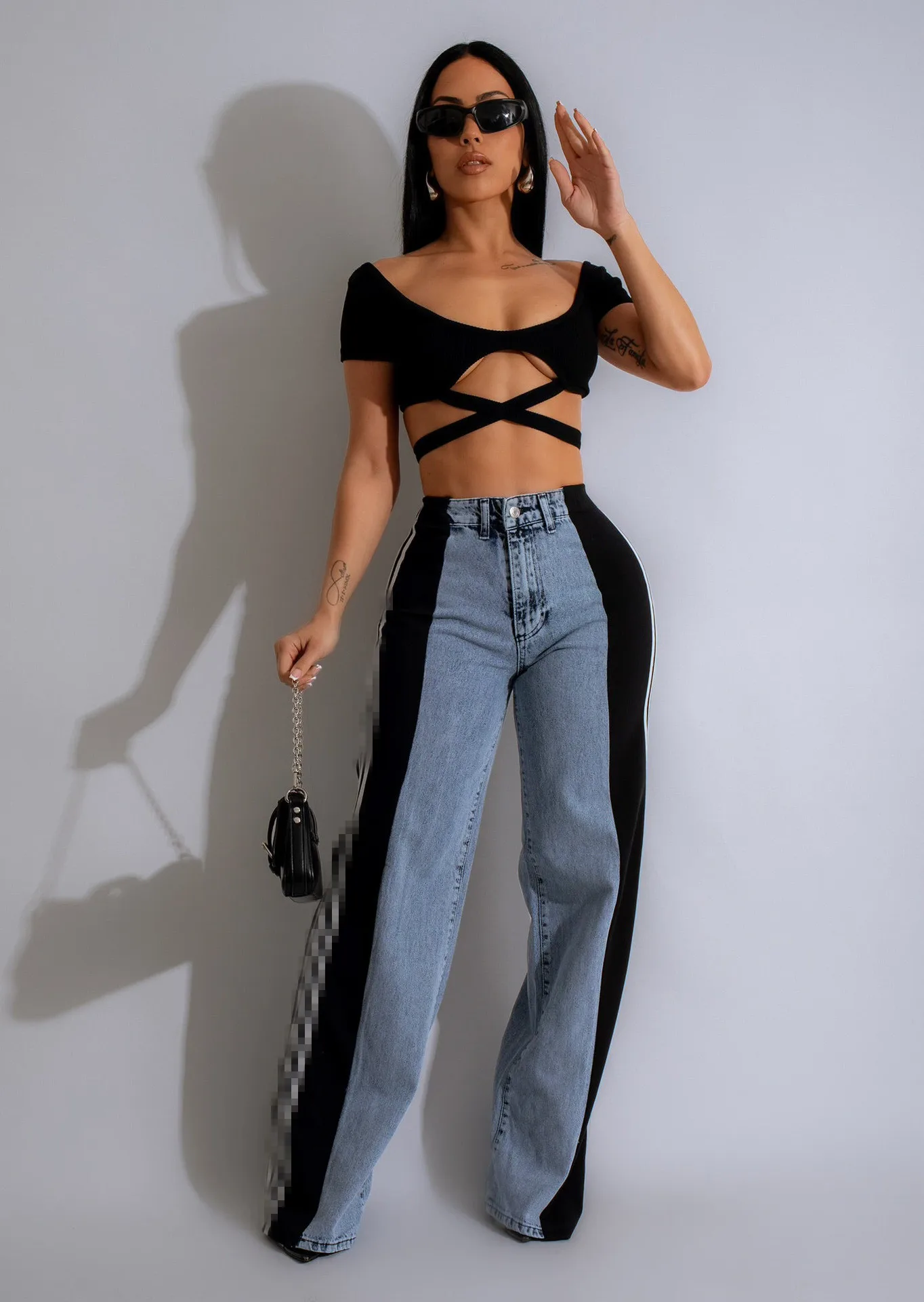 

Summer Fashion Splicing Three-Stripe Wide-Leg Denim Trousers for Women New Casual High Waisted Stretch Straight Pants