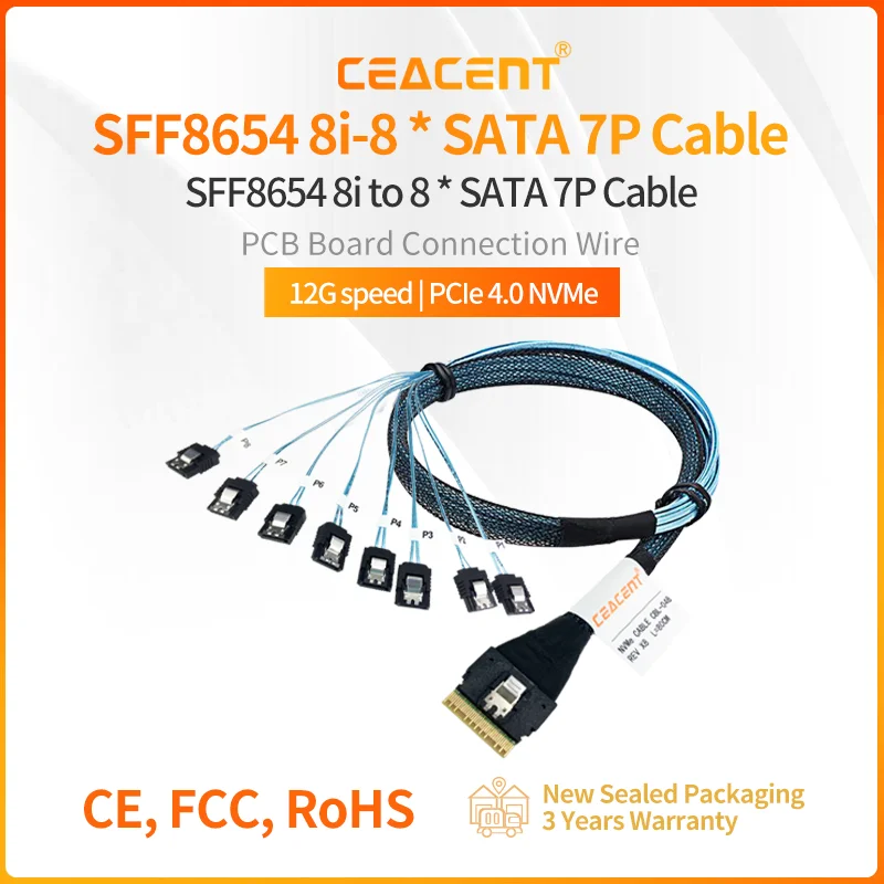 SlimSAS SFF8654 8i to 8*SATA 12G/PCIe4.0 NVMe Cable 80CM Length 32AWG Compatible with Broadcom RAID or HBA Card