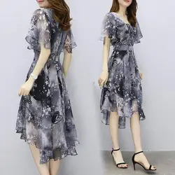 Frauen Blumen Chiffon Blumen kleid 2024 Trends neu in Damen elegante V-Ausschnitt Kurzarm koreanischen Stil Sommerkleid weibliche Kleidung