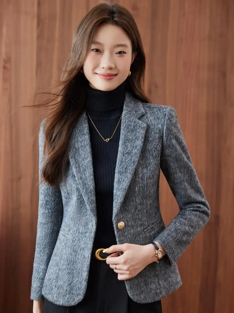 Vintage Damen Grau Elegant Langarm Wollblazer Mantel Herbst Winter Vielseitig Single Button Festival Tops 2025, Einfachheit