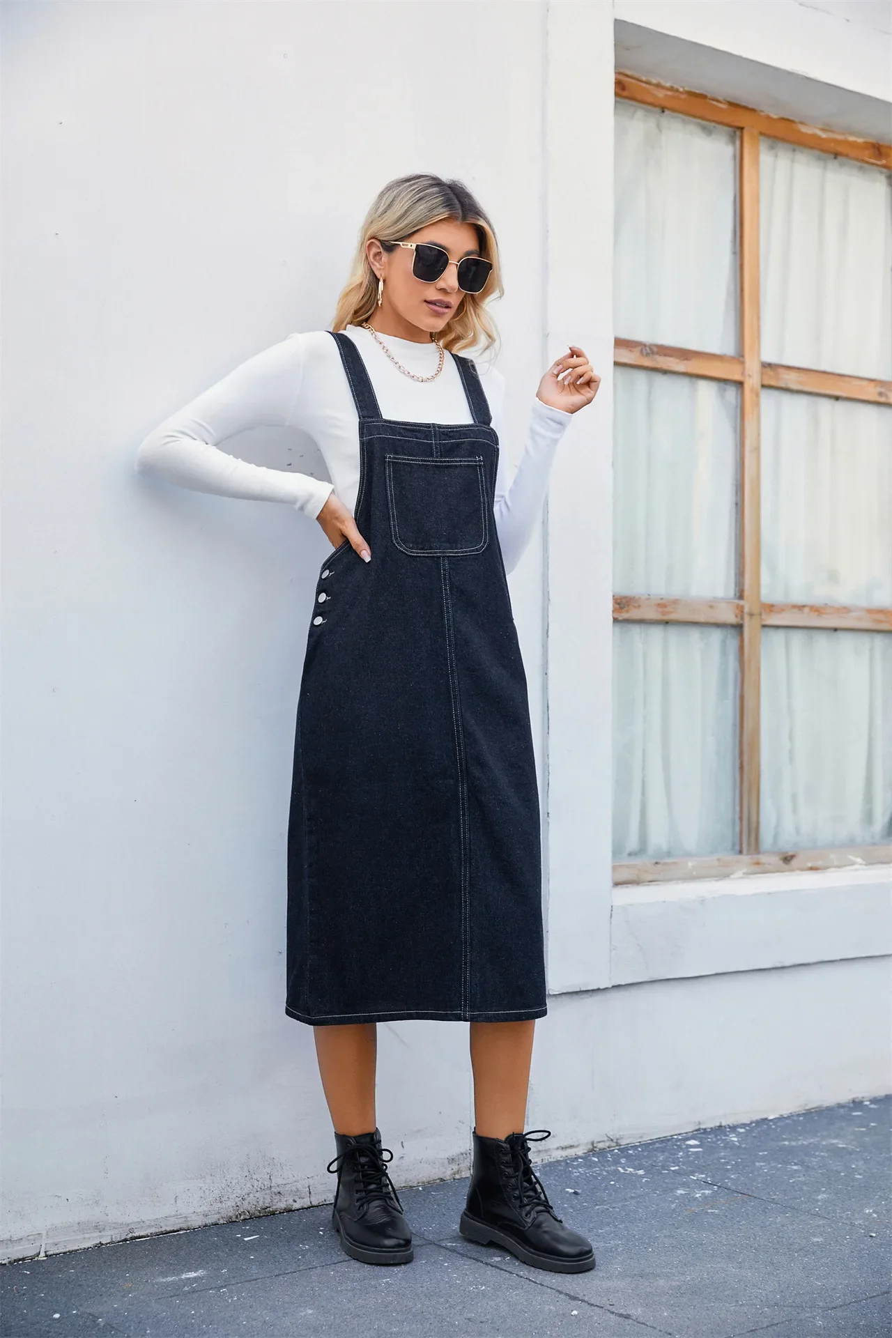 Overalls Denim Knee Length Dress Women Single Breasted Washed Spliced Dresses Solid One Piece High Street Loose Distressed