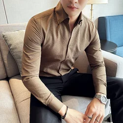 High Quality Workmanship Seersucker Waffle V-neck Shirt Men's Long-sleeved Stand Collar Shirt Brand Clothing Luxury Dress Shirt