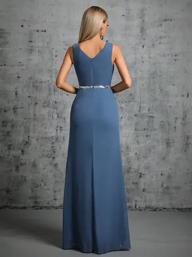 Imagen 2 del producto Mgiacy hombro profundo escote en V cinturón de lentejuelas plateadas falda con abertura de gasa plisada vestido de noche vestido de fiesta vestido de dama de honor