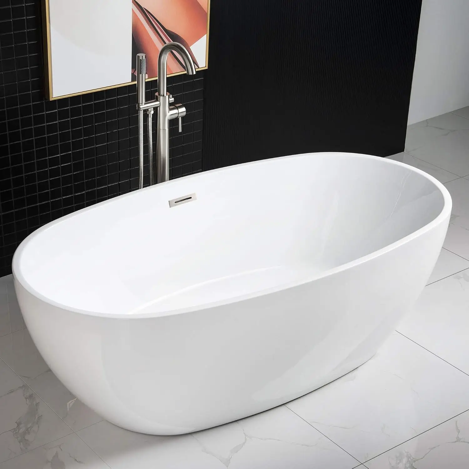 67 inch Acrylic Freestanding Bathtub Contemporary Soaking White Tub with Brushed Nickel Overflow and Drain Easy clean