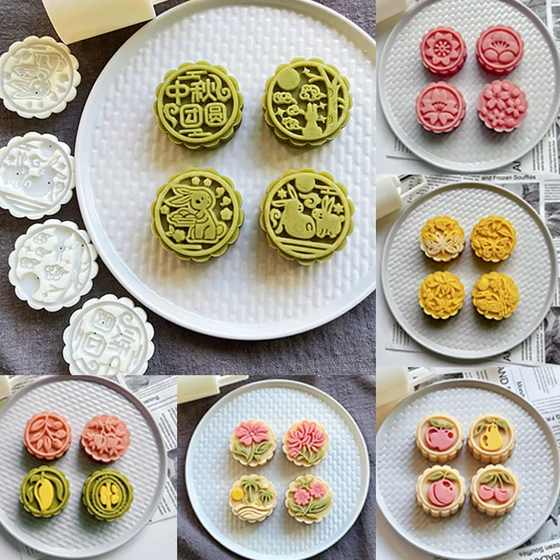 Flower Pattern Mooncake Mold Mid-Autumn Festival Hand-Pressure Cake Baking Mould Hand Mooncake Pressure Fondant Decoration Tools