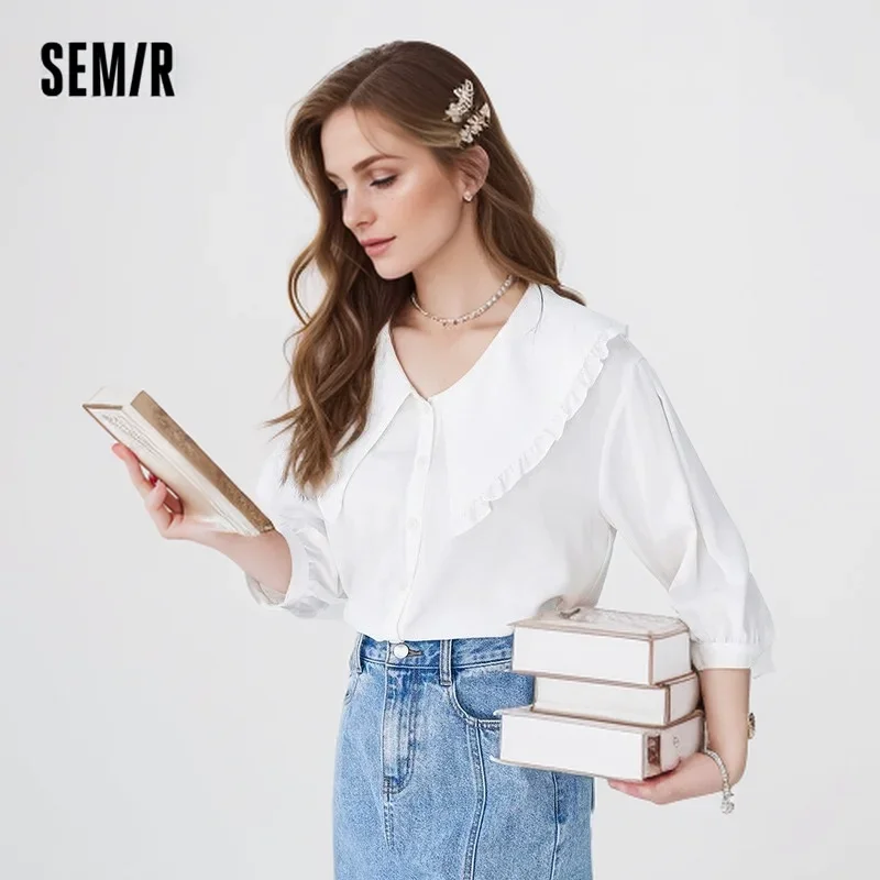 Semir Women Shirt 2024 New Middle-sleeve Shirt Easy-care White Gentle Stringy Selvedge Large Lapel Collar Clothes Shirt