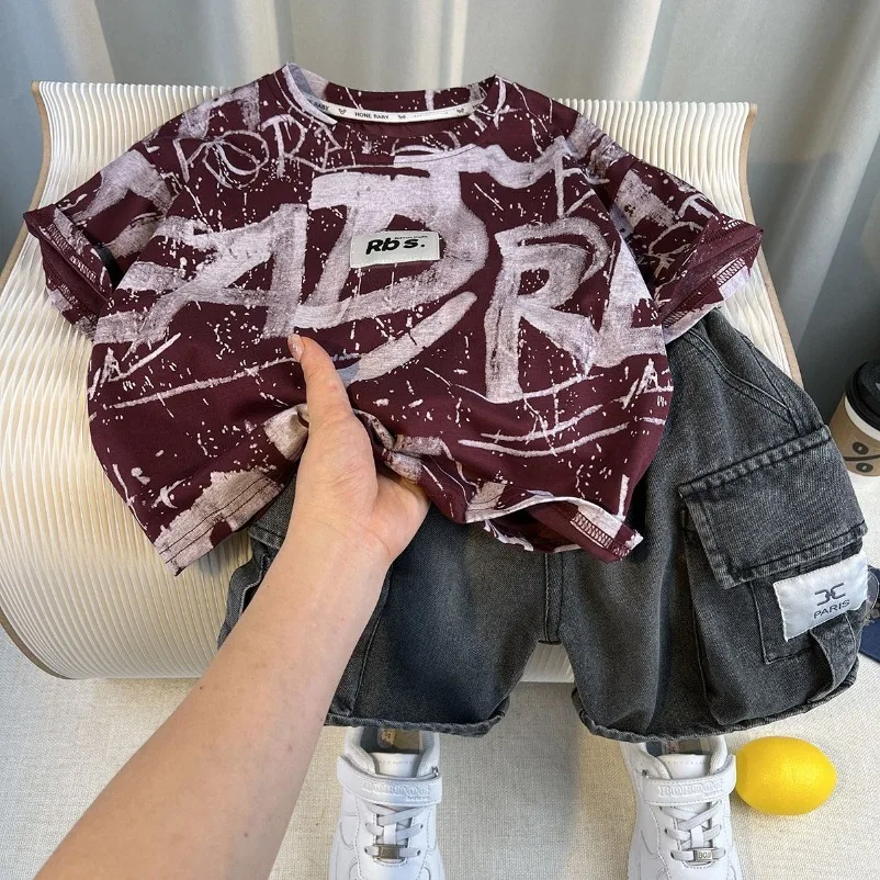 

Boutique Design Outfits Baby Short Sleeve Striped T-Shirt Jeans Shorts 2pcs Boys 2025 Korean Clothes for Children