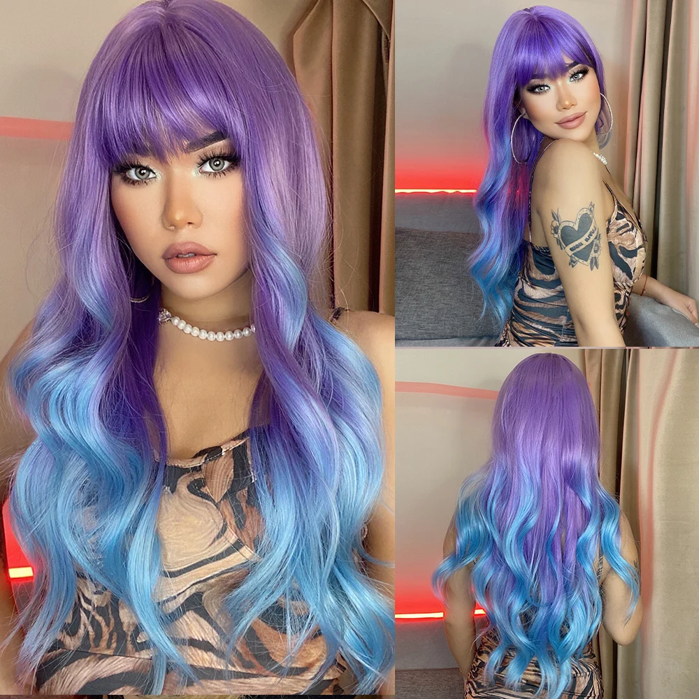 oneNonly Purple Blue Wig with Bangs Long Wavy Cosplay Lolita   Women Wigs  Halloween Party High Temperature Hair