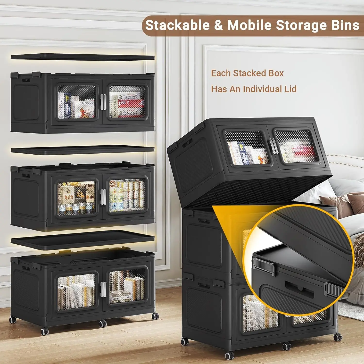 

BROVIEW 165 Gal Extra Large Storage Bins Each Box with 1 Lid, 660 Qt Stackable Storage Box with Wheels, Collapsible Plastic Storage Cabinet Cubes Shelves Home Organization, 1/3/4Pack, Black