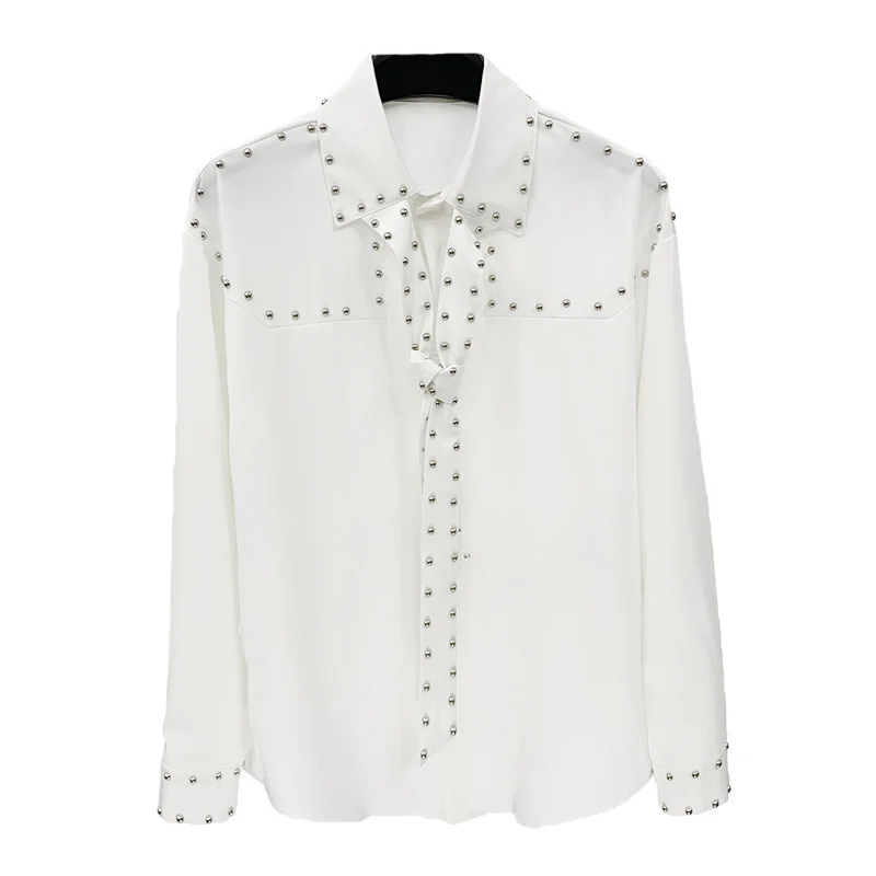 2025 Autumn New Design Sense Rivet Long Sleeve Shirt Stylish Men's High-end Trendy Casual Loose Tie Collar Shirt
