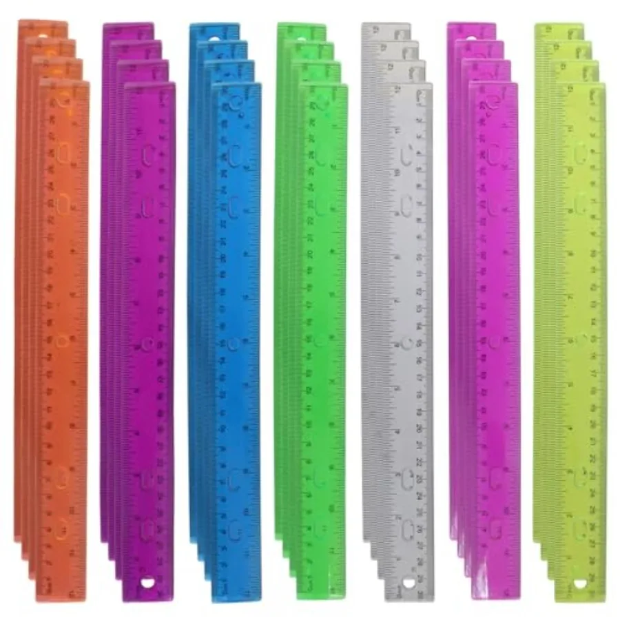 

School rulers: 28-pack, 12-inch transparent plastic, assorted colors, centimeter markings, ideal for classroom, office, and hom
