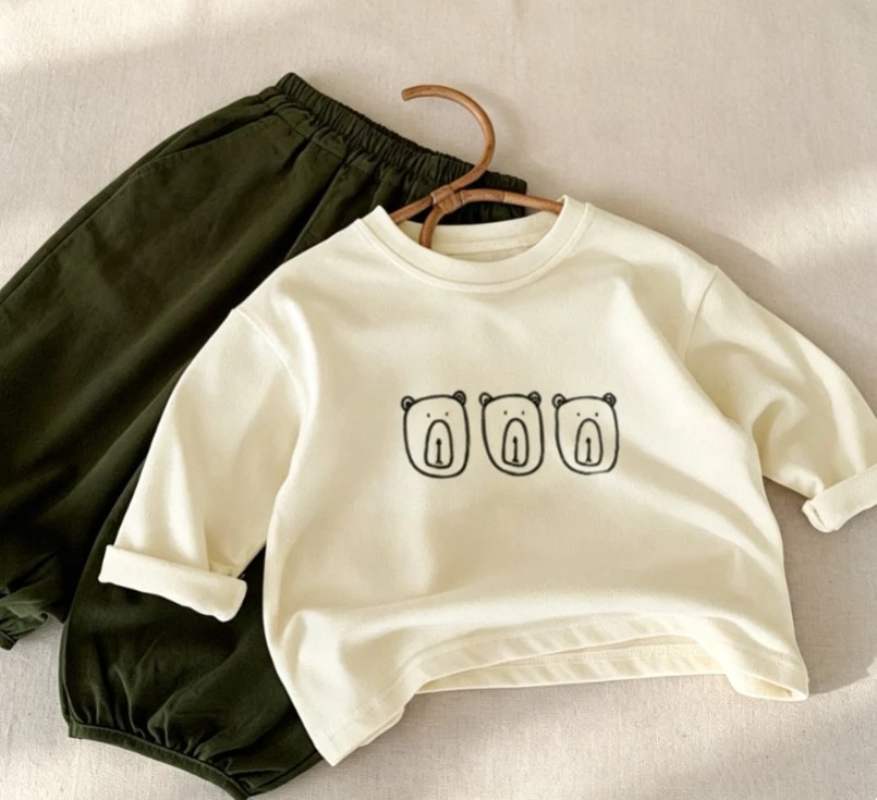 Little Kids Bear Print Crew Neck Tee Cozy Soft Fabric Clothing T-Shirt Two Classic Colors Wear Tops Baby Infant Full Sleeve Tees