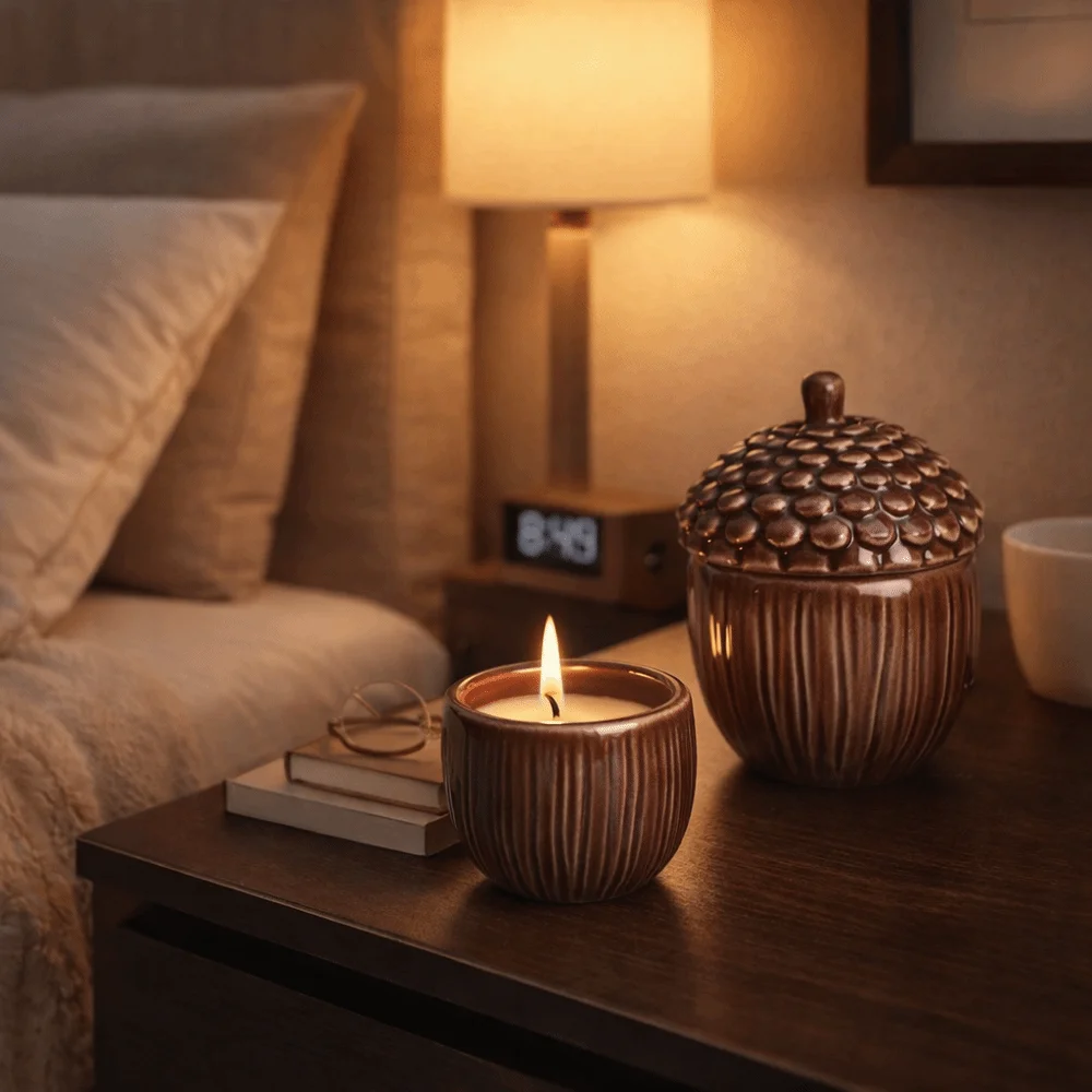 

Decorative Multi-functional Ceramics Storage Jar Cute with Lid Pinecone Candle Cup Nut Shape Mini Candlestick Office Decor