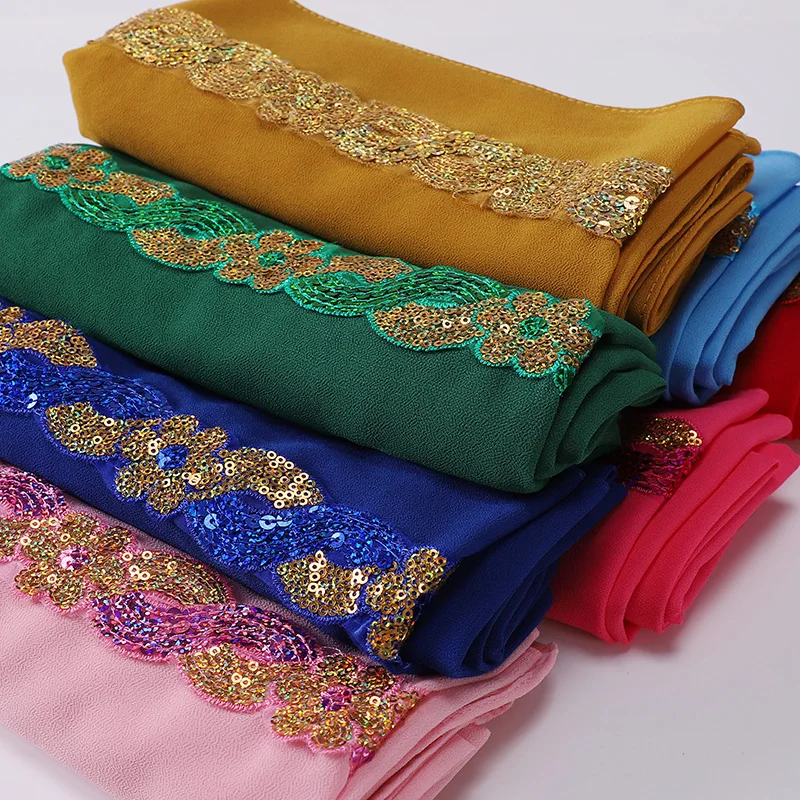 Fashion Heavy Chiffon Sequins Hijab Shinny Good Stitching Plain Scarf Muslim Shawl Plain Soft Turban Head Wraps Headband