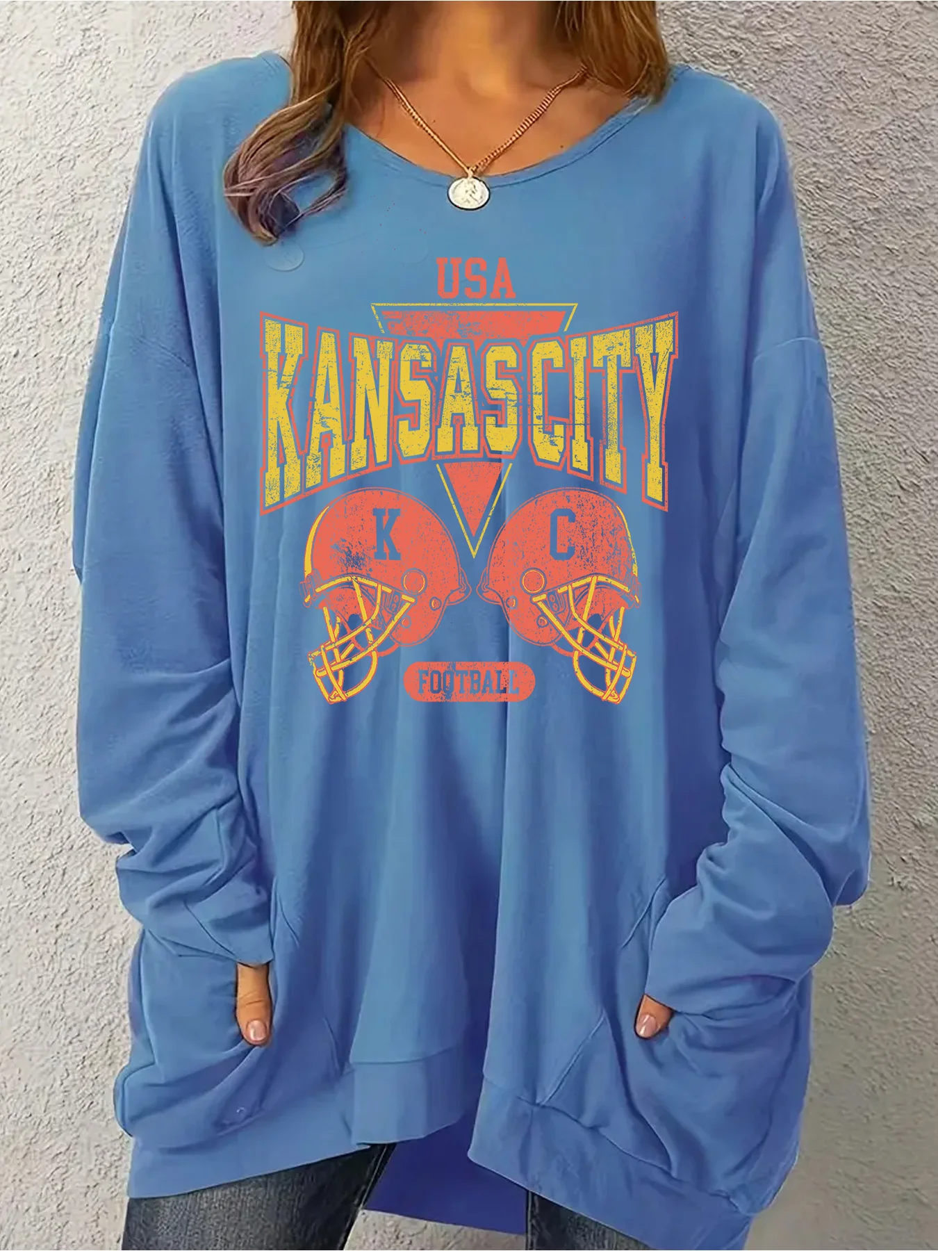 Ropa de mujer de talla grande a la moda con estilo retro americano! Sudadera de manga larga con cuello redondo y temática de rugby de KANSAS CITY