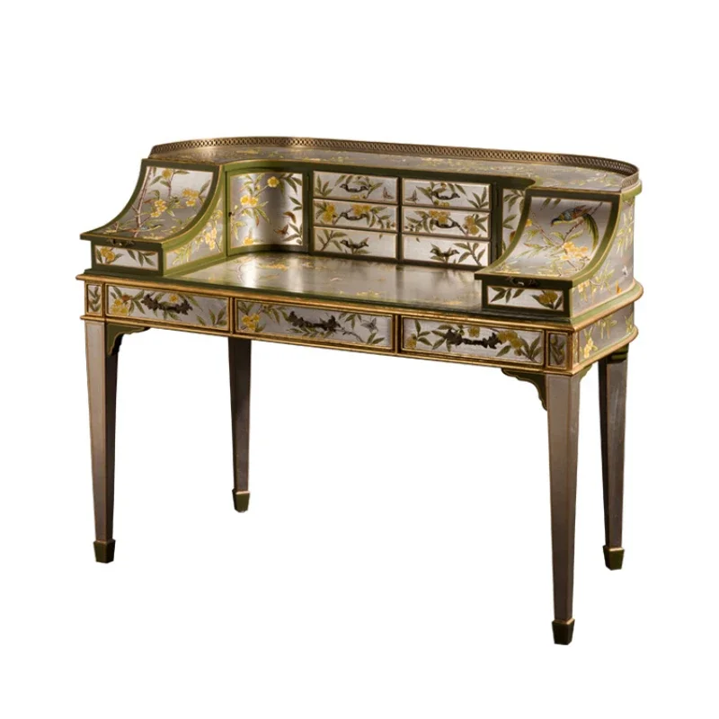 

European French luxury solid wood gold silver foil painted flower and bird piano table book chair dresser