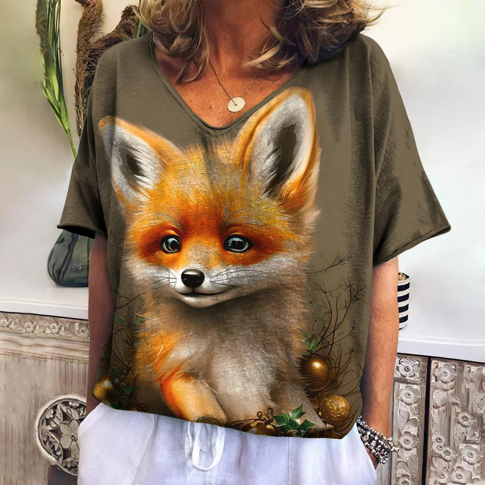 Cartoon Fox 3D 프린트 티셔츠 여성 빈티지 v 넥 반팔 티셔츠 Y2K 동물 티셔츠 오버 사이즈 하라주쿠 탑 여성 의류