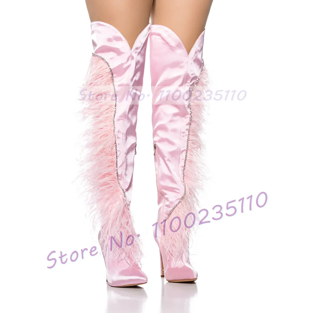 Pink Satin Stiletto Over knee Boots Women Classy Crystal Real Feather Decor Pointed Toe Shoes Female Stylish Slim Silk Boots