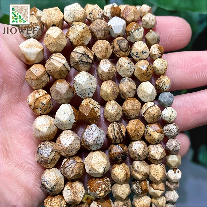 Faceted Picture Jaspers Natural Stone for Jewelry Making Spacers Loose Beads DIY Handmade Bracelet Necklace 14