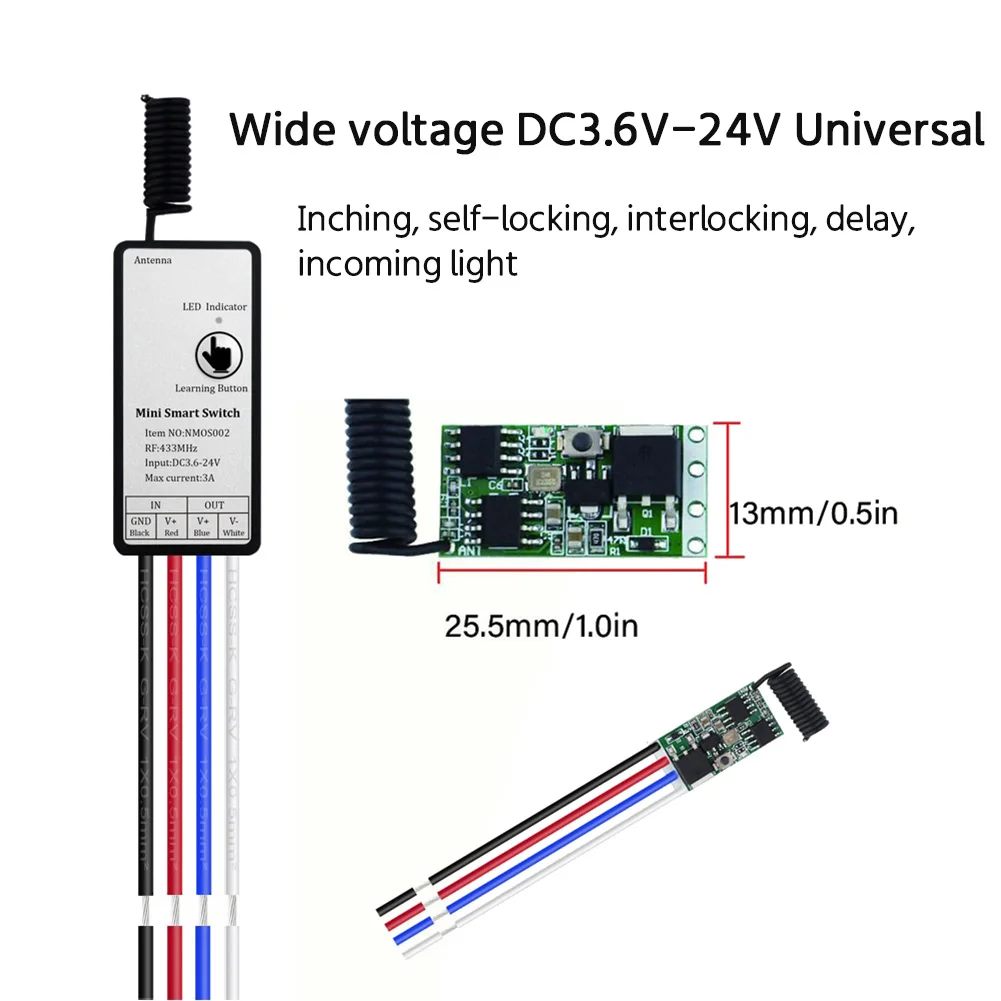 Controle remoto sem fio RF 433Mhz Receptor de relé DC 3.6V 6V 12V 1CH Módulo para lâmpada LED DIY