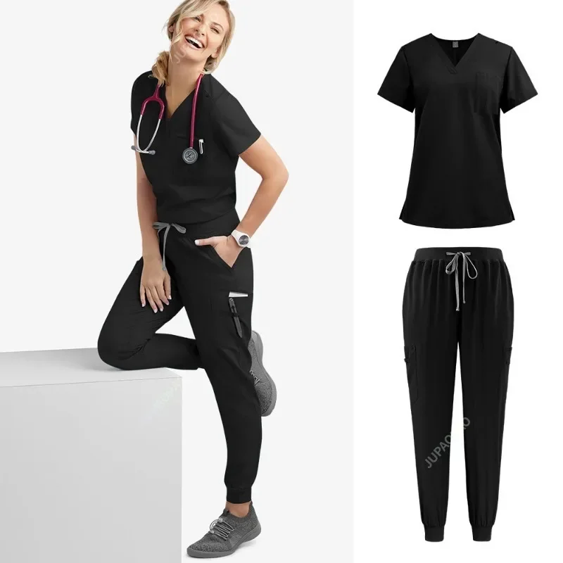 Ternos jogger multicoloridos, uniformes de enfermagem, manga curta, decote em v, calças de bolso, enfermeira, conjunto de roupas clínicas médicas