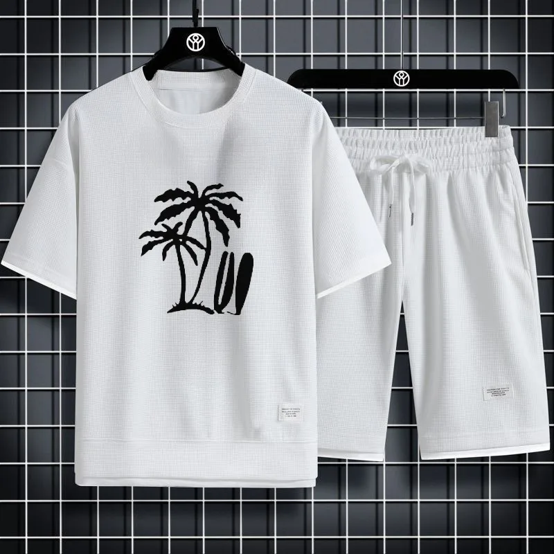 

2025 Sports T-shirts+shorts sets Waffle Thin Leisure Set for Men Trendy Outfit Comfortable Breathable Summer Clothes tracksuits