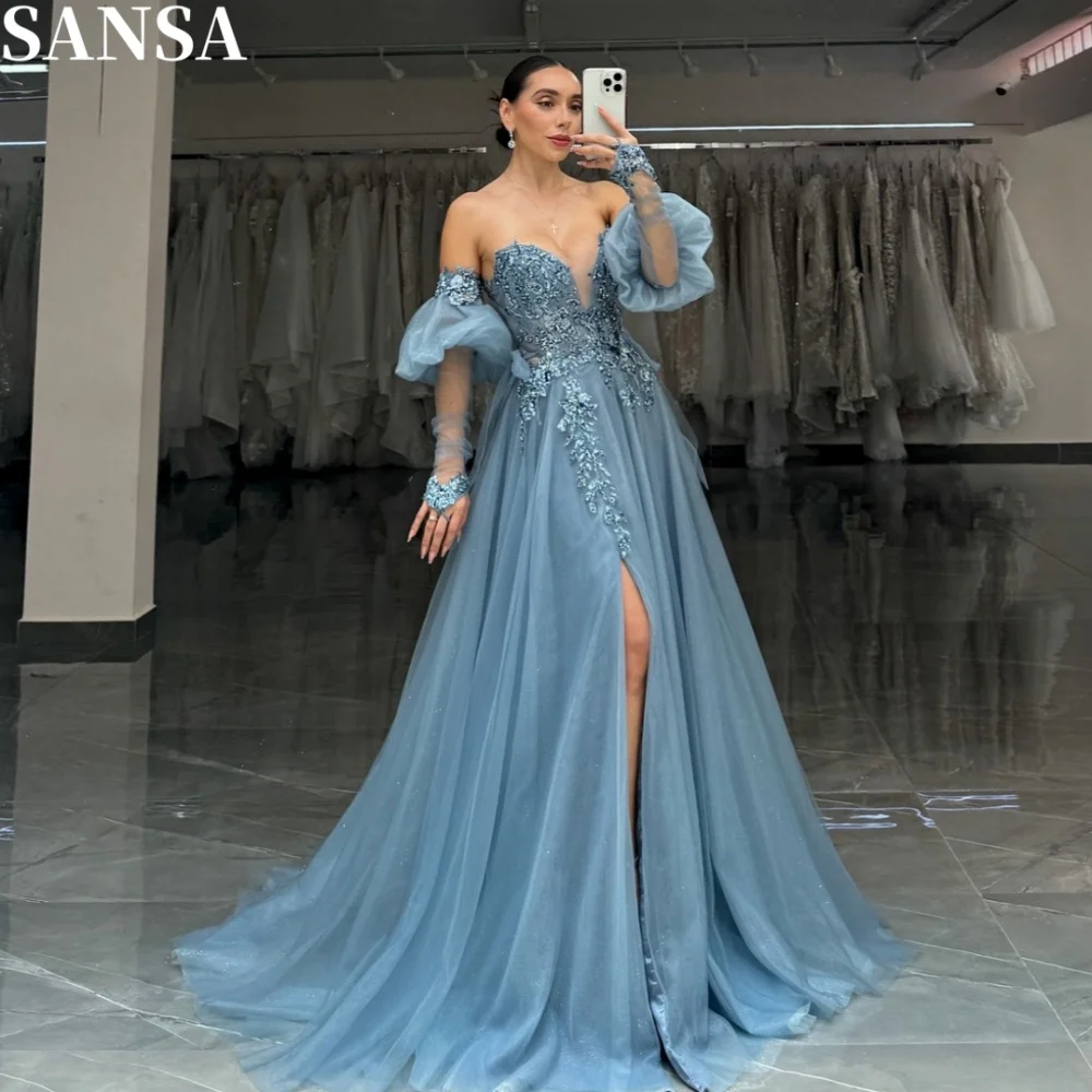 Sansa exquisito A-line bordado encaje Porm vestido personalizado hasta el suelo vestido De novia sin tirantes lateral Splite Vestidos De Fiesta