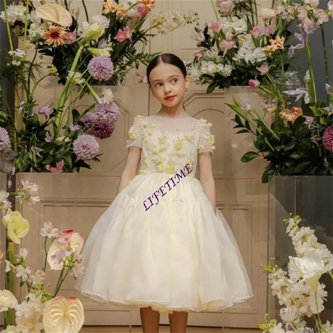 Vestido de Princesa de Satén para Niña de las Flores con Mangas Cortas, Largo hasta la Rodilla, Personalizable, para Fiesta de Cumpleaños Infantil, Primera Comunión, Vestido de Gala para Mujer