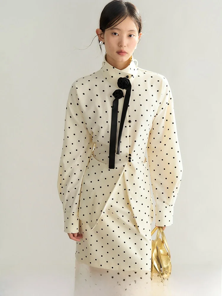 

Комплект из юбки и блузки с оригинальным дизайном «Сердце розы», в горошек и с цветочным принтом, женский, свободного кроя, с длинными рукавами, из полиэстера.