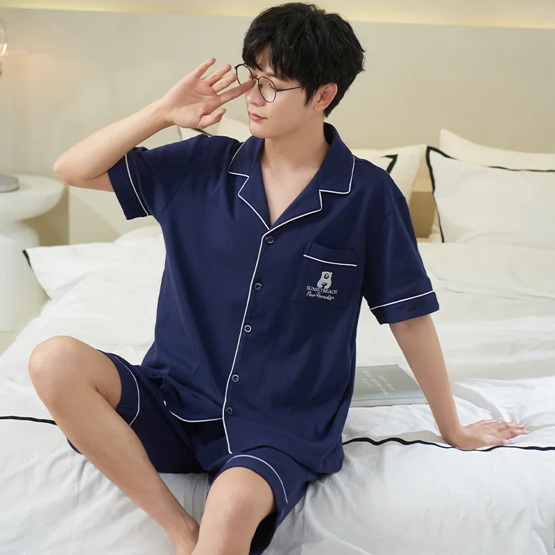 Summer Mens Cardigan Sleepwear High Quality Pajamas Set For Male Young Boy Short Sleeves Shorts Pijamas Home Clothes Freeship