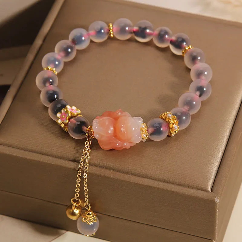 Fashion Natural Sugar Heart Pink Agate Crystal Bracelet Women\'s Peach Blossom Fox Strand Bracelets Wedding Birthday Jewelry Gift