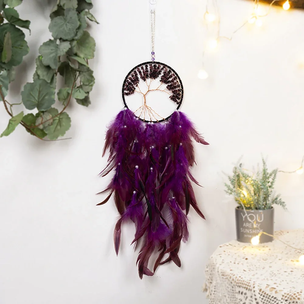 Purple Suzuki Tree of Life Dream Catcher Handmade With Feather Healing Crystal Stone Beads Bedroom Home Decor Hanging Ornament