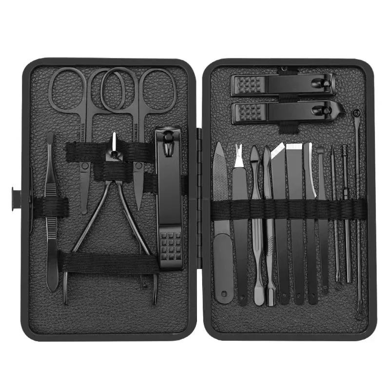 Ensemble de manucure, kit de pédicure professionnel 18 en 1 en acier inoxydable, ciseaux à ongles, kit de toilettage avec étui de voyage en cuir noir
