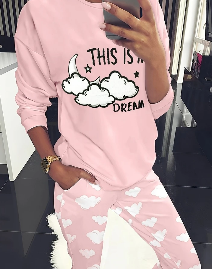 Two Piece Set Women Outfit 2024 Spring Fashion Letter Graphic Print Round Neck Long Sleeve Top & Casual Pocket Home Pajamas Set