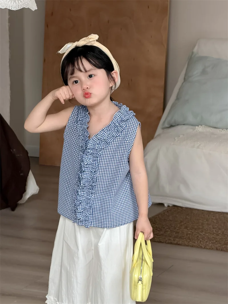 2026 New Summer Baby Girls Plaid Shirts Ruched Sleeveless Tops Korean Style Toddlers Kids Chic Blouses  1-6 Years view 2