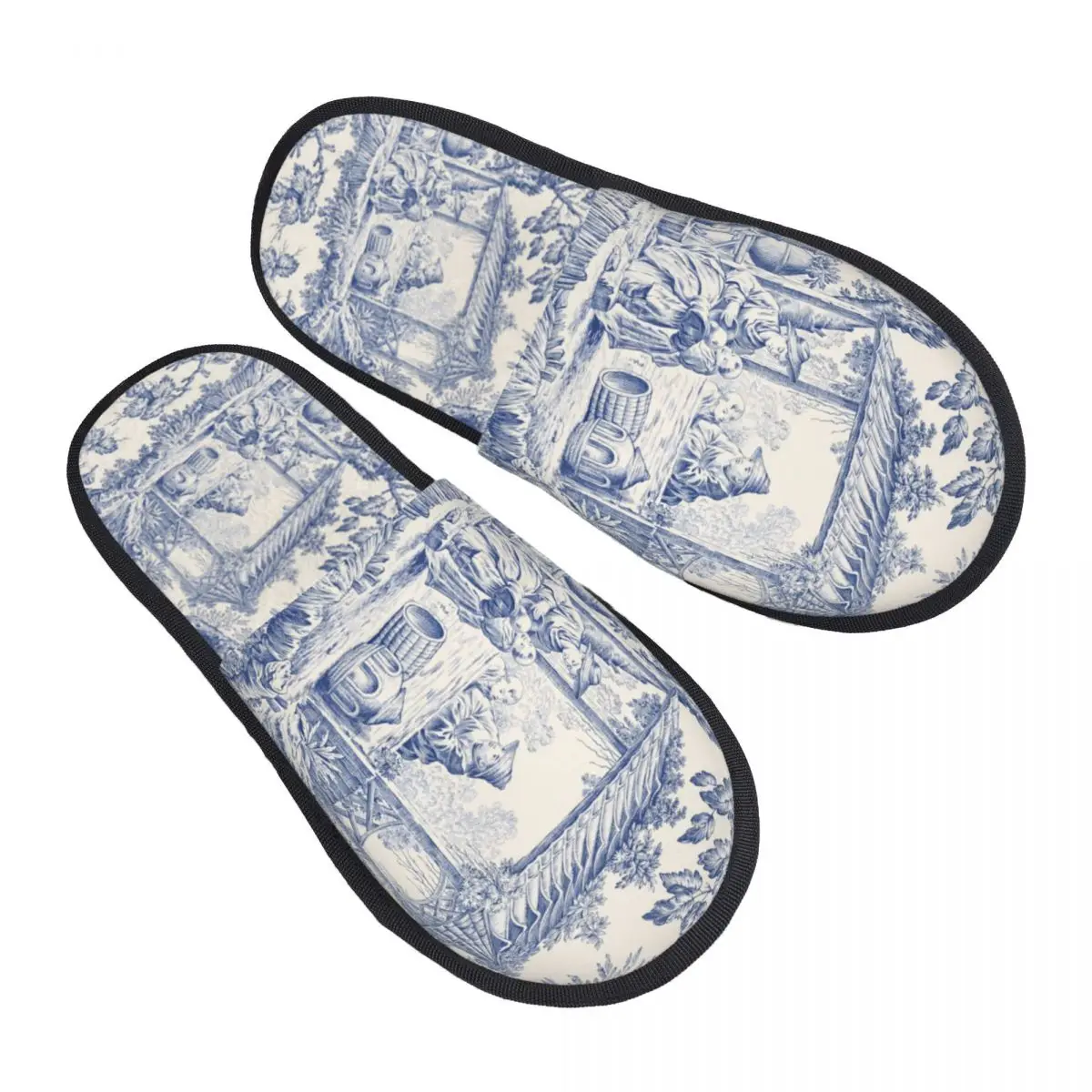 Zapatillas De casa personalizadas para mujer, Toile De Jouy, patrón De motivo azul marino, espuma viscoelástica suave, cómodas y cálidas, suela antideslizante