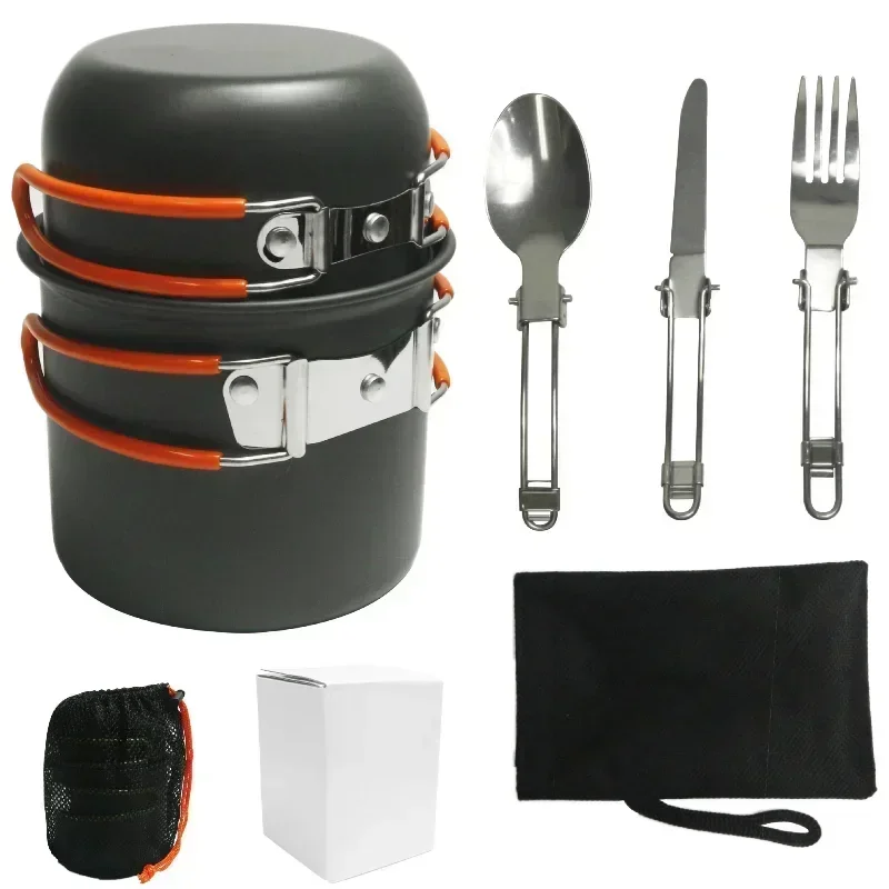 Multi functional portable outdoor cooking kit,equipped with camping pot and foldable spoon, fork, knife,used for camping picnics