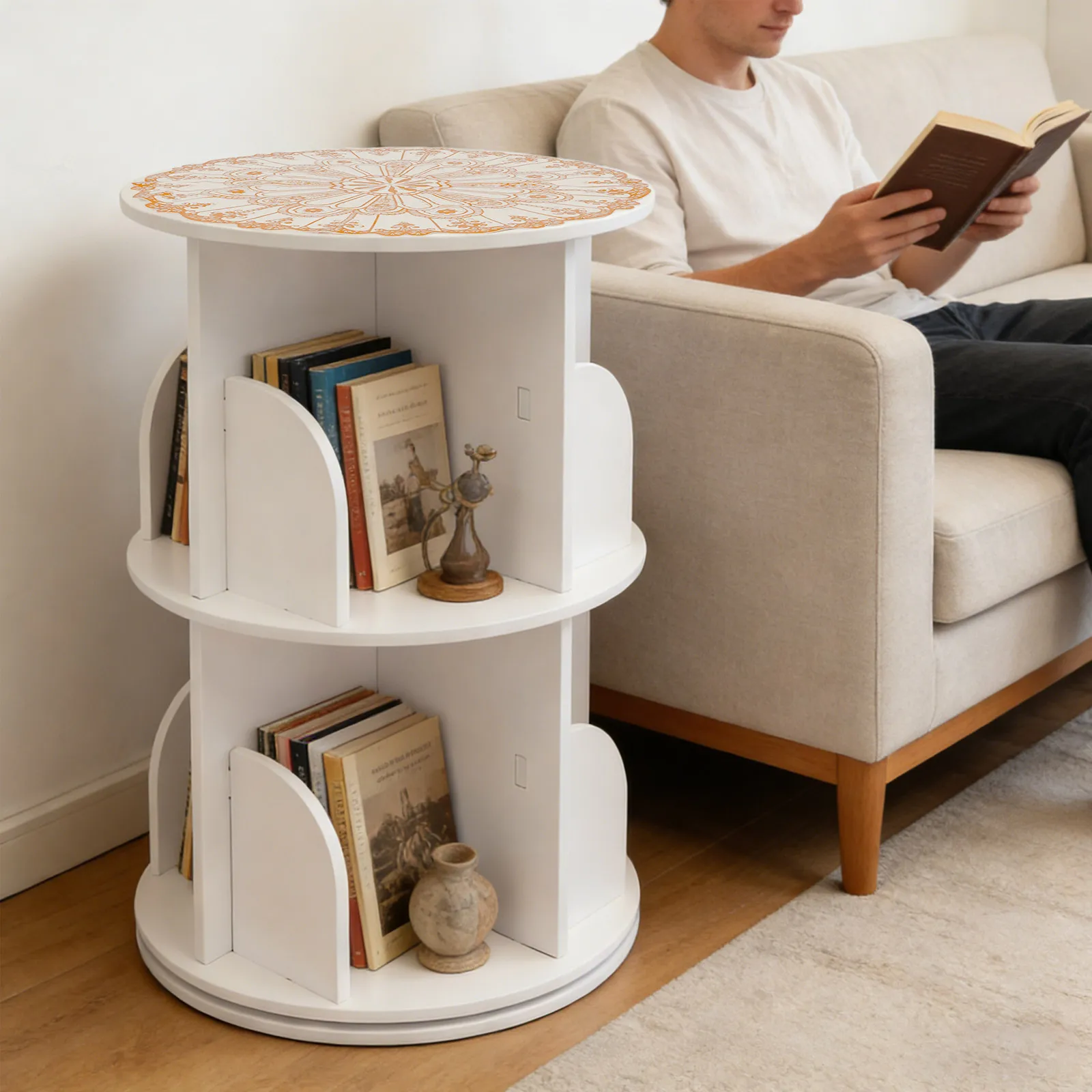 40×40×59.5cm 2-Tier Rotating Bookshelf, 110lbs Capacity, PVC & Galvanized Steel, White, 8 Compartments, 360° Swivel, for Bedroom, Study, Living Room, Kids Room