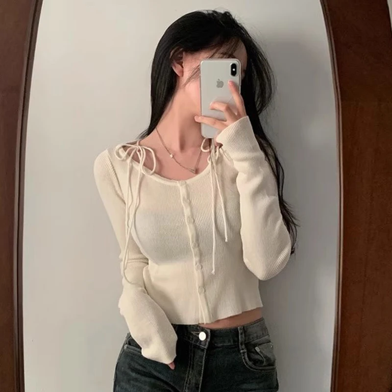 Шикарный осенний антивозрастной дизайн с узлом на одной пуговице, облегающий длинный вязаный свитер для женщин, корейский свитер для поездок на работу и ветер