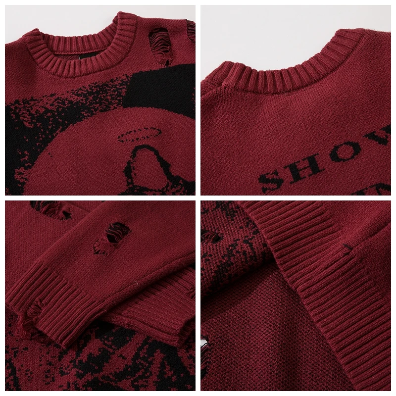 Harajuku Priest Salvation Printed Knitwears Unisex Streetwear Hip Hop Destroyed Hole Ripped Pullovers Sweter Oversized Men