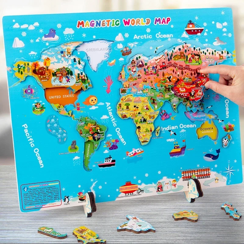 Wooden World Map Puzzle with National Flags on Back and 92 Country Flash Cards, Education Geography Toy Learn Geography Puzzles