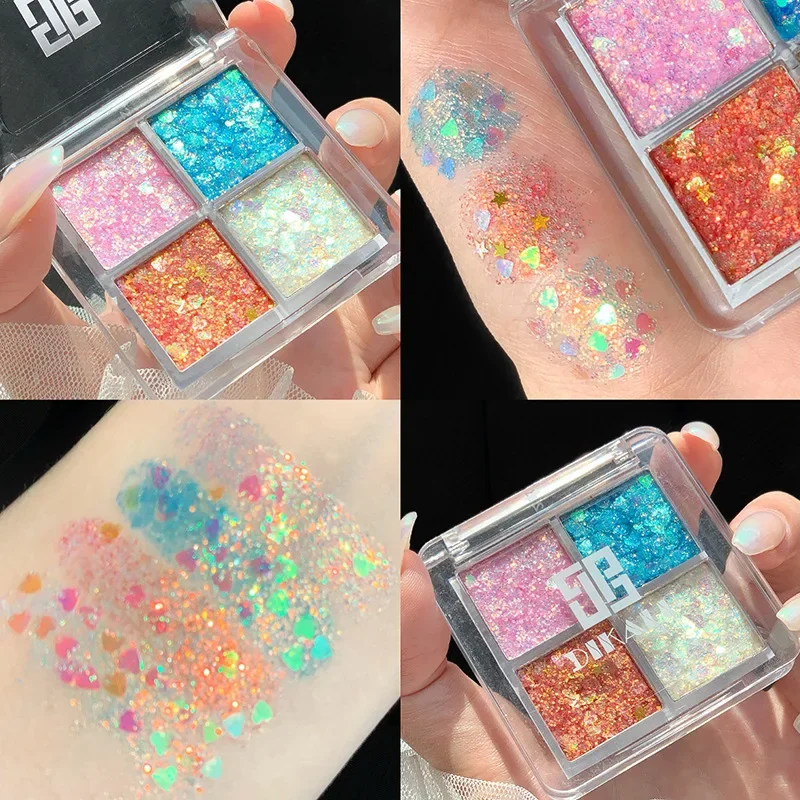 Palette de fards à paupières à paillettes 4 couleurs, nuances citrouille et cerise, tons bleu/or/jaune pour maquillage de cosplay et de fête, vente claire Mini